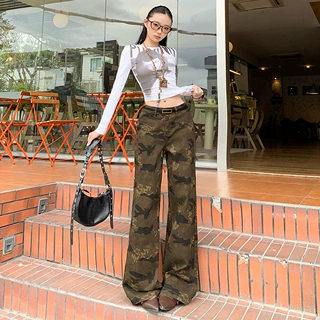 复古迷彩弯刀牛仔长裤拖地垂感百搭新款秋冬显瘦长裤百搭美式