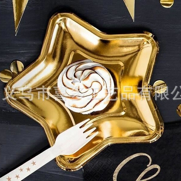 Navidad Año Nuevo Plata dorada estrella de cinco puntas plato de papel desechable en forma de plato de cena de la estrella decoración de la fiesta de cumpleaños