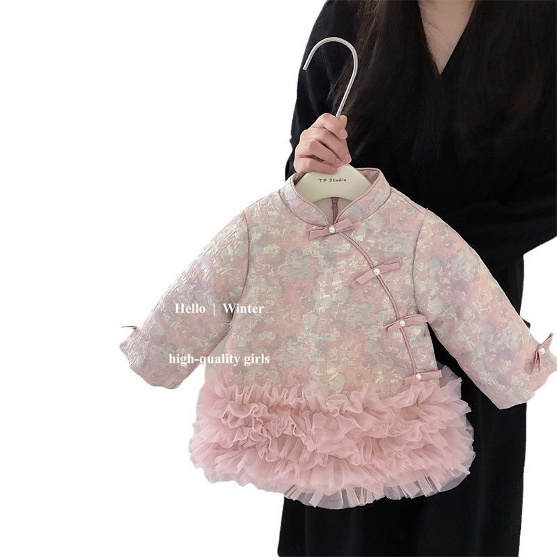 2025 vestido de traje Tang de doble cara grueso acolchado para niñas nuevo vestido cheongsam de malla china vestido de Año Nuevo para niños