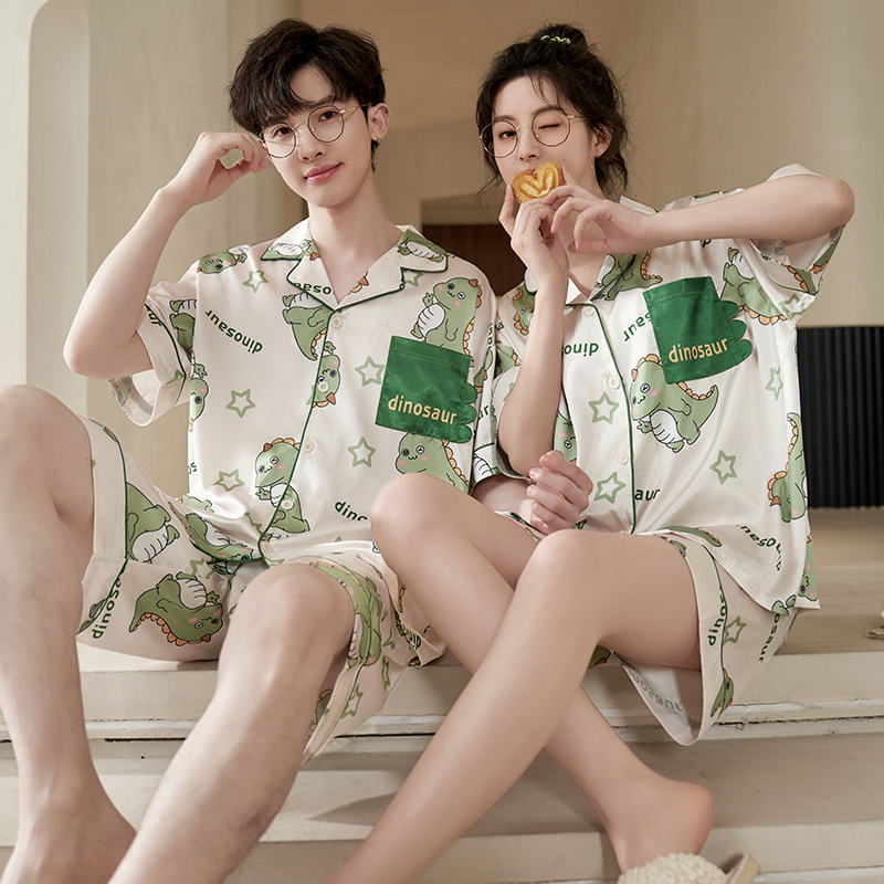 Couple's Pajamas Summer Short-sleeved Shorts Ice and Snow Silk Sense Cartoon Simple Home Clothes Men's and Women's suit