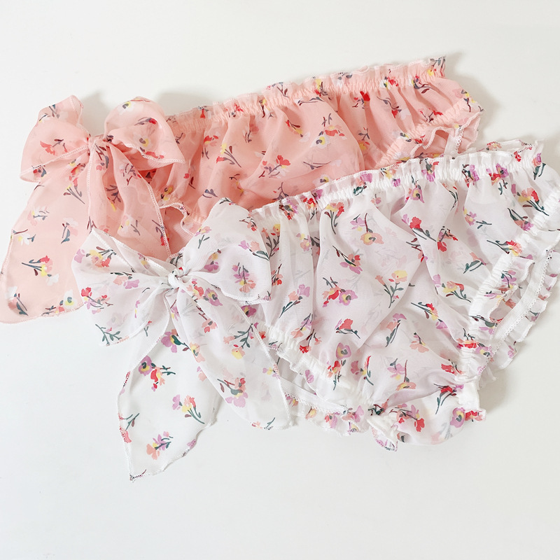 Romantic florid sentiment pseudo-mother same-sex couple micro-transparent chiffon strap bow ladies briefs