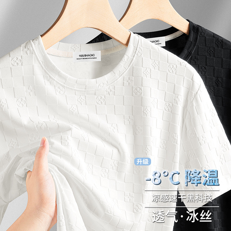 High-End Plaid Youth Ice Silk Short-Sleeved T-Shirt for Men 2026 Summer New Style Light Luxury Elegant Half-Sleeved T-Shirt Top