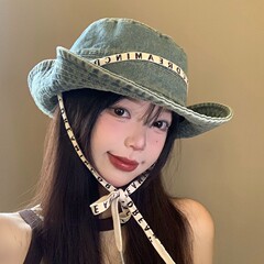 字母綁帶牛仔登山帽女戶外徒步大頭圍漁夫帽日系復古西部牛仔帽子