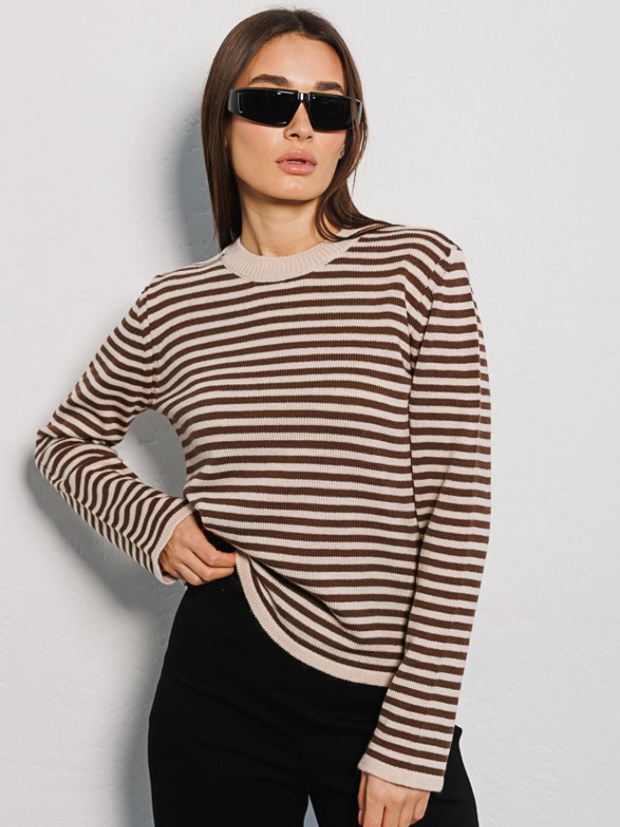 Suéter a Rayas Transfronterizo, Estilo Europeo y Americano, Otoño 2025, Nuevo y Moderno, de Punto Acanalado con Bloques de Color y Cuello Redondo