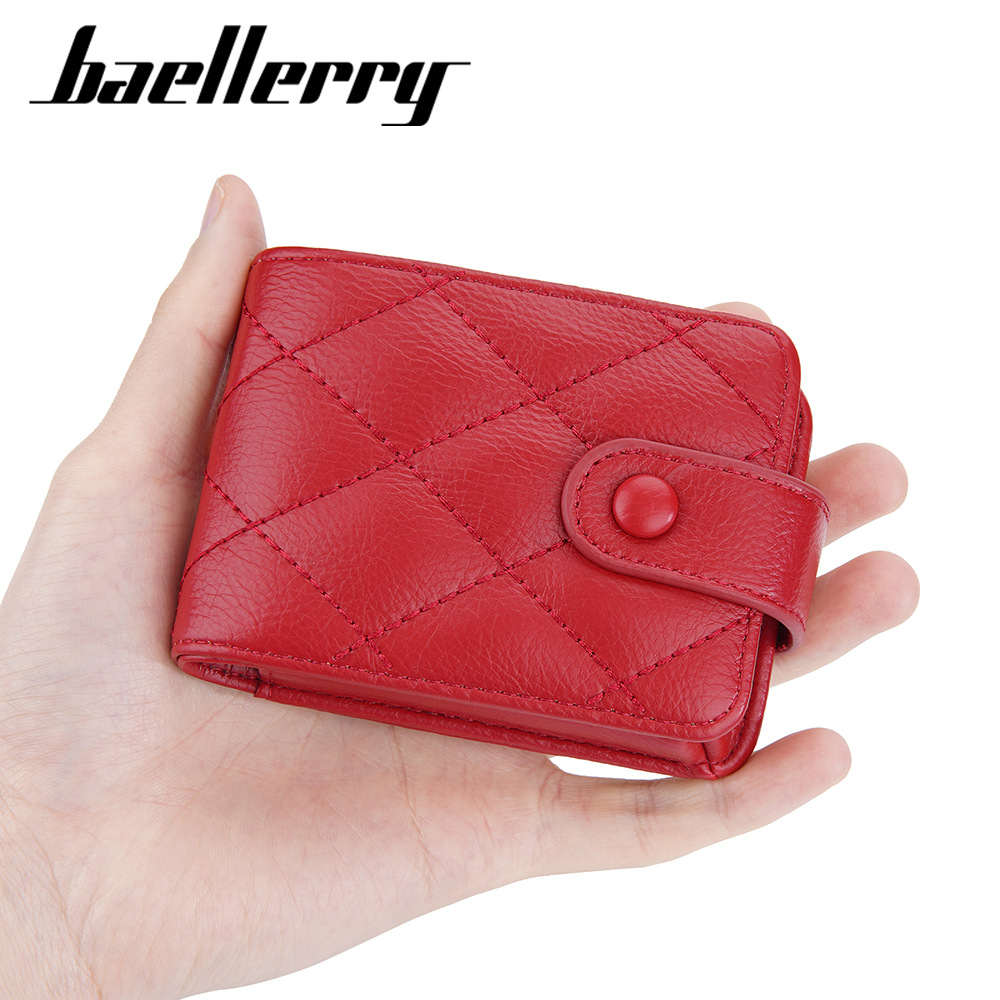 Baellerry New Mini Fashion Red Leather Korean Style Gingham Button Clasp Pocket Wallet with Mirror and Makeup Bag