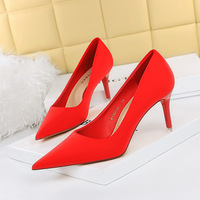 18249 - A2 han edition age season fashion contracted fine with shallow mouth pointed satin heels for women's shoes with high single shoes