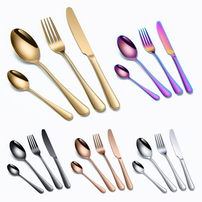 亚马逊跨境货源牛排西餐具1010不锈钢刀叉勺子镀金幻彩黑色四主件