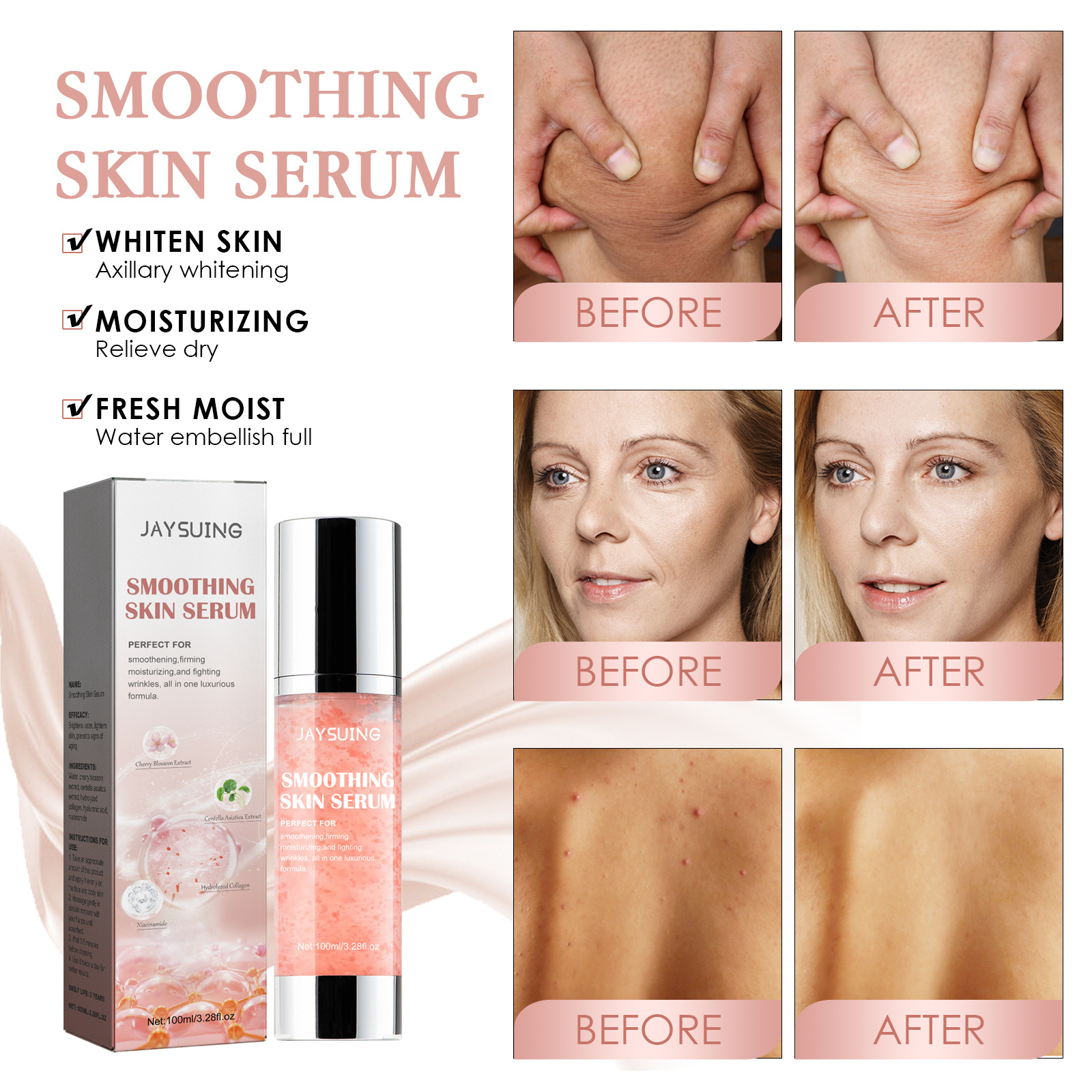 A essência suavizante corporal Jayswing pode reduzir linhas finas, hidratar, refrescar a pele, prevenir o ressecamento e reparar a pele do frango_voghion.com