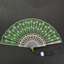 七朵咏春扇跳舞蹈扇子折扇蕾丝布扇民族爵士女道具扇孔雀亮片开合