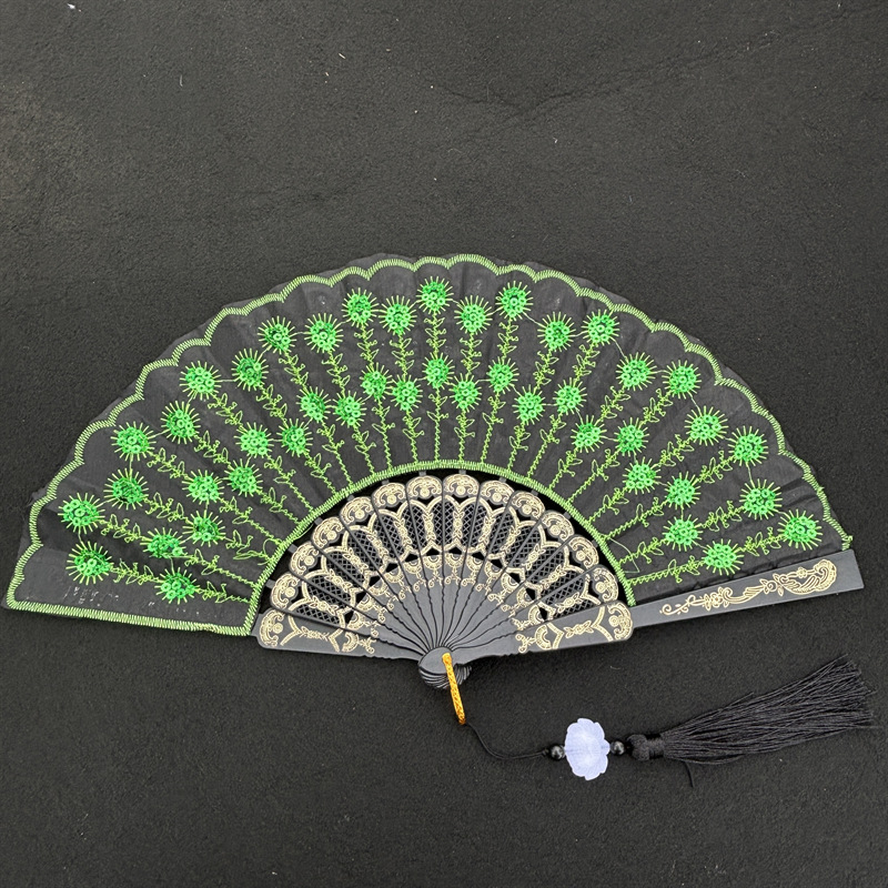 七朵咏春扇跳舞蹈扇子折扇蕾丝布扇民族爵士女道具扇孔雀亮片开合