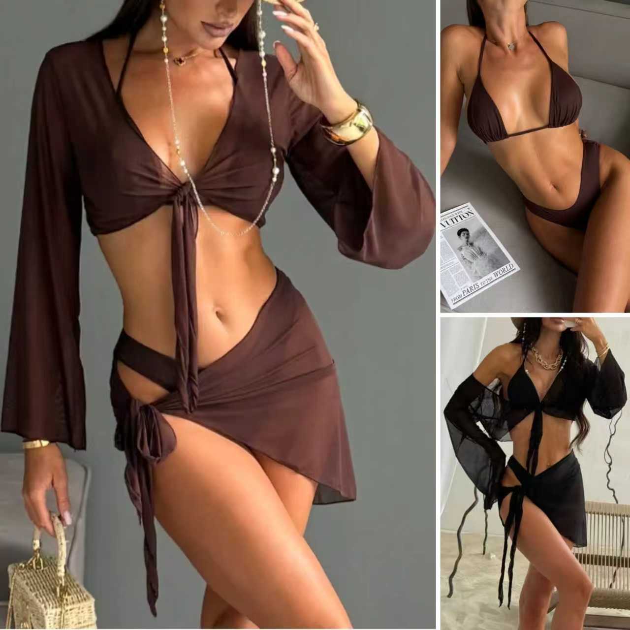 European and American Ins Style Sexy Bikini Three-Piece Set for Women Beach Vacation Lace-Up Blouse High Waist Split Swimsuit for Women