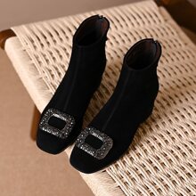 2025新款粗跟短靴女春夏新款磨砂绒面时装方头水钻职业粗跟瘦瘦靴