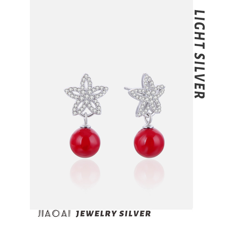 S925 pendientes de piedra de plata esterlina personalidad femenina creativa pendientes de perlas rojas pendientes de pendientes de aretes dulces coreanos pendientes de aretes