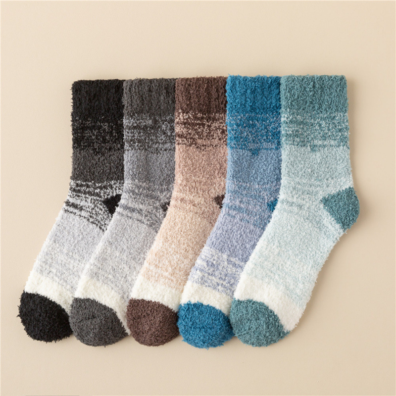 Cross-Border Socks Men's Coral Velvet Socks Non-Shedding Fleece-Lined Thickeneded Winter Warm Home Floor Gradient Mid-Calf Socks