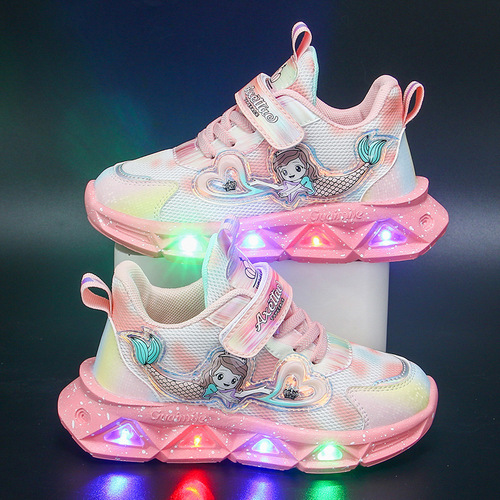 Lighted children's sports shoes 2024 spring and autumn mesh breathable children's shoes for small and medium-sized children princess light casual shoes
