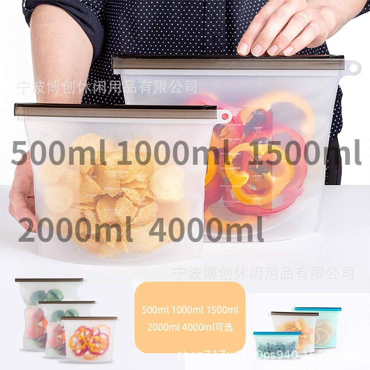 Bolsas de silicona para alimentos, frutas y leche materna cuidadosamente seleccionadas; bolsas de silicona para conservación en refrigerador; bolsas selladas para conservación.