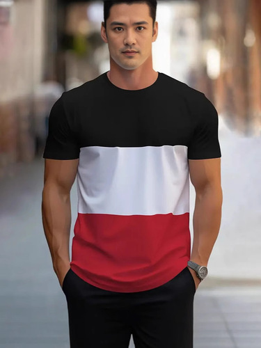2025 Summer Fashion Patchwork Print Men's Crew Neck Loose Breathable T-Shirt Athletic Fitness Top