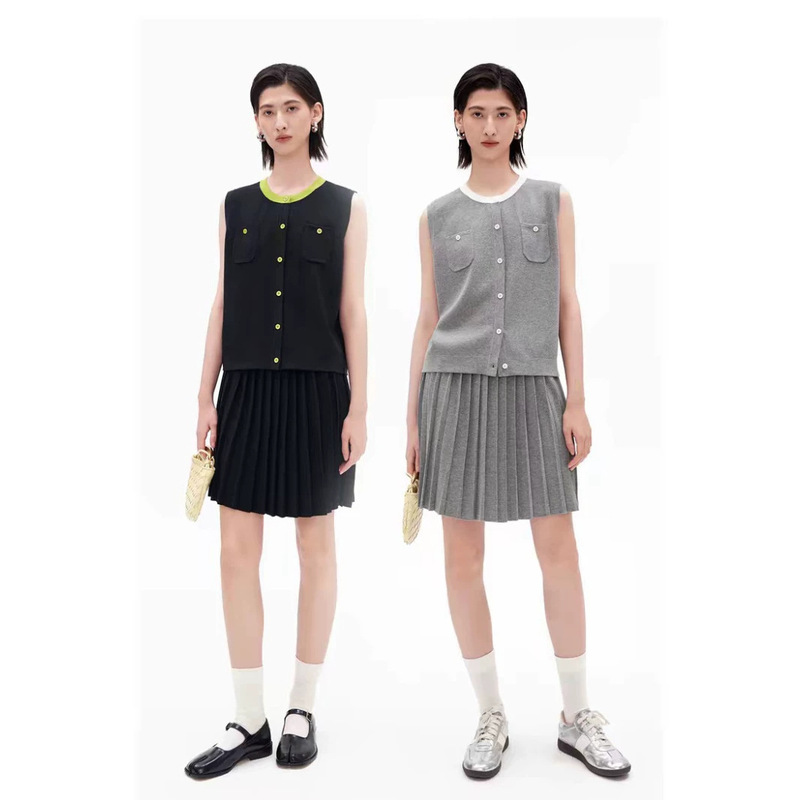 Linen Blend Color-Blocked Round-Neck Vest with Straight Shoulders, Summer New Style Loose Cardigan, Pleated Skirt Set with Elastic Waist