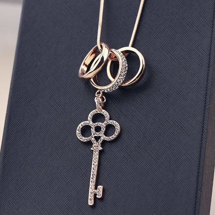 Korean Style Fashionable Long Ring Diamond Inlaid Key Sweater Chain Necklace Popular Cross-Border Al