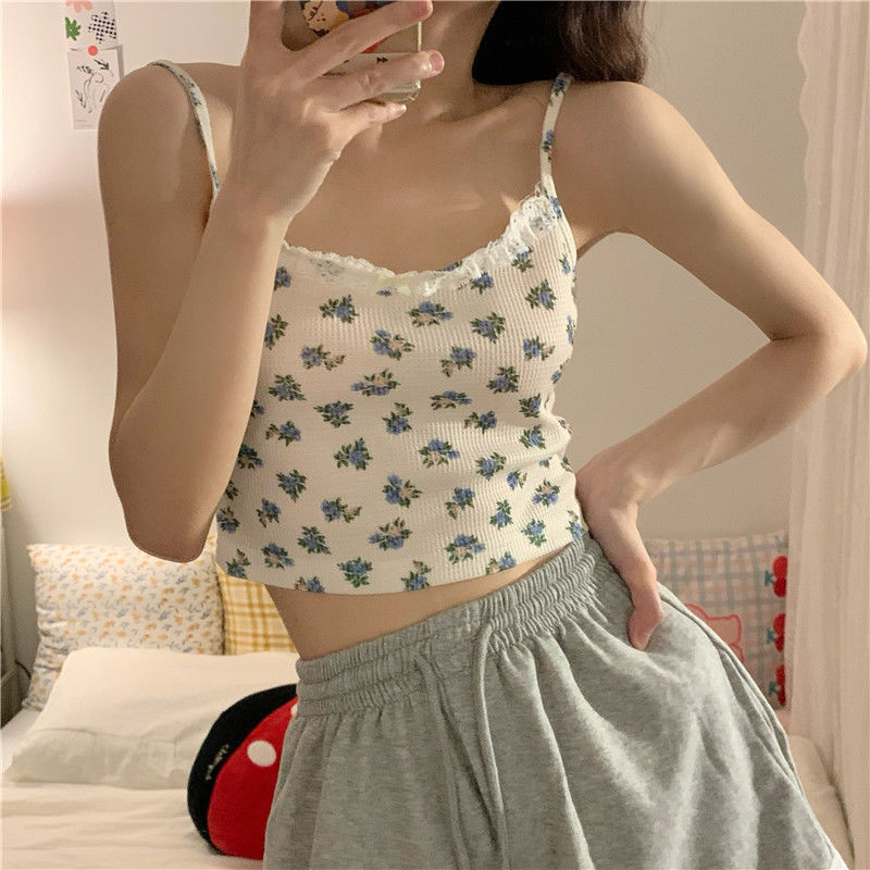 Age-Reducing Short Camisole Top for Women Summer New Square Neck Sleeveless Sexy Slim Puff Sleeve Floral T-Shirt