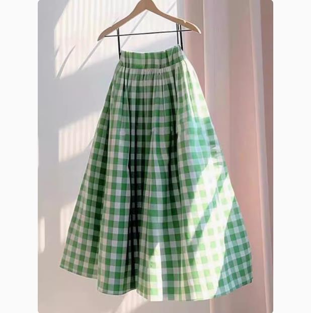 Clearance to pick up leaks ~ mint manbo wind super good-looking high waist A- line skirt green plaid linen cotton and linen umbrella skirt skirt