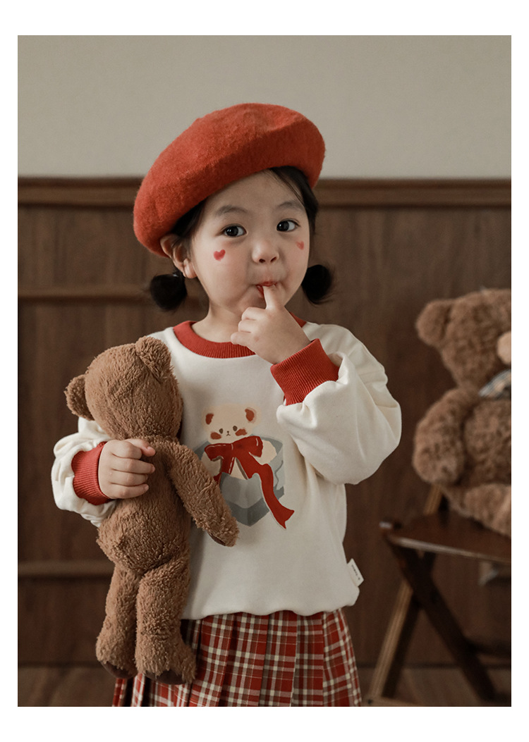 Qiu Duomeng Girls' Cartoon Little Bear Sweater Checkered Set 2024 New Spring and Autumn Children's Top Half Skirt_voghion.com