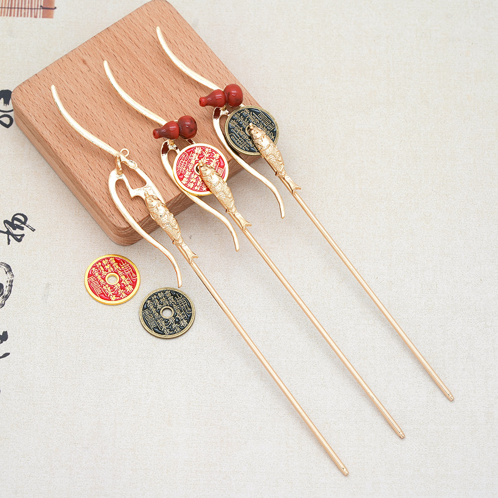 古风汉服铜钱发簪锦鲤簪子复古发饰过年喜庆新年发财配饰品