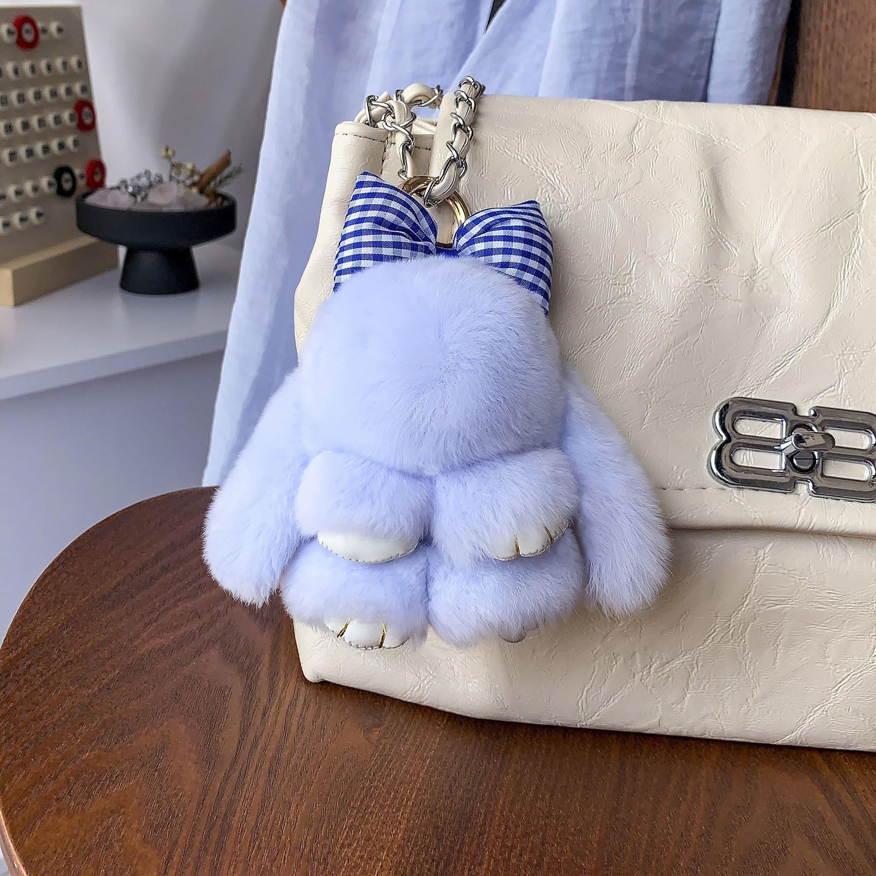 귀여운 진짜 렉스 토끼 모피 작은 토끼 자동차 키 체인 펜던트 인 봉제 공 인형 가방 펜던트