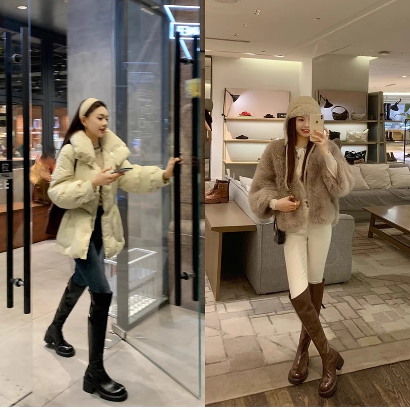 现货~葡萄妈同款 新款马皮圆头显瘦百搭厚底粗跟过膝长靴女秋冬|undefined