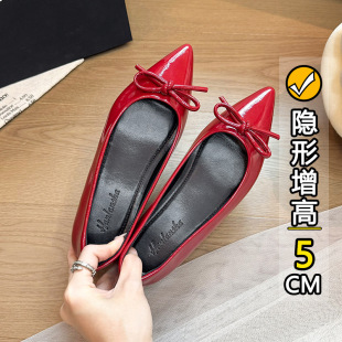 Pointed Toe Work Clothing Inner Height Increase 5cm Flats for Women 2025 Spring New Style Bow Mary Jane Evening Shoes Soft Leather Fashion
