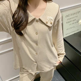 秋冬季新款睡衣女羊绒时尚简约条纹休闲可外穿加厚保暖家居服套装