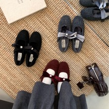 韩系灰色玛丽珍毛毛鞋女冬外穿棉鞋新款法式仙女平底加绒呢子单鞋