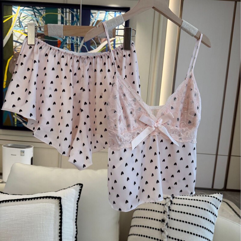 Summer Ice Silk Pajamas for Women, Camisole Shorts Loungewear Set, Sexy Satin V-Neck with Bow, Pure Desire Sleepwear Summer Ice Silk Pajamas for Women, Camisole Shorts Loungewear Set, Sexy Satin V-Neck with Bow, Pure Desire Sleepwear