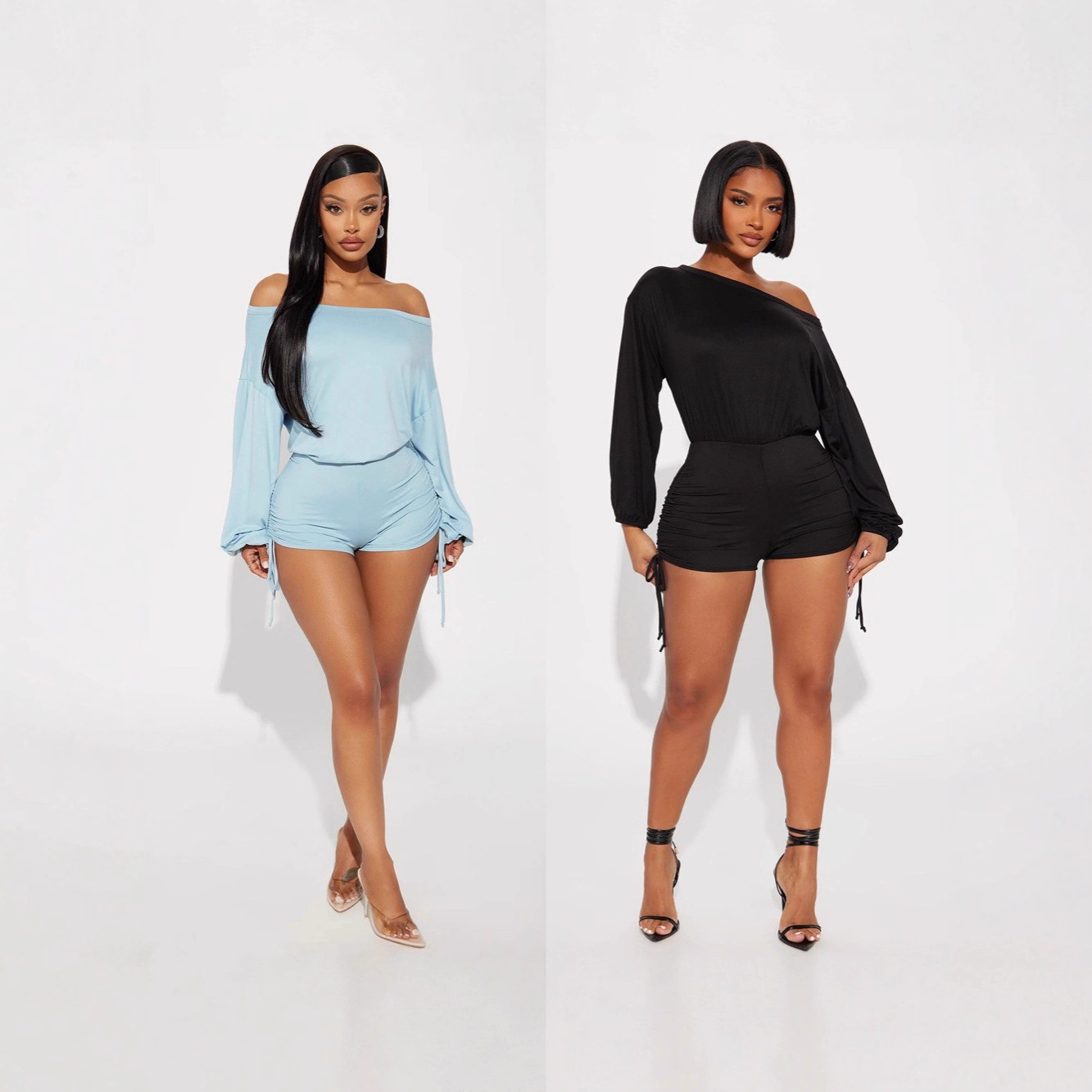 Amazon Cross-Border European and American Fashion Women's Casual One-Line Collar Off-Shoulder Long-Sleeved Pleated Drawstring Waist Jumpsuit