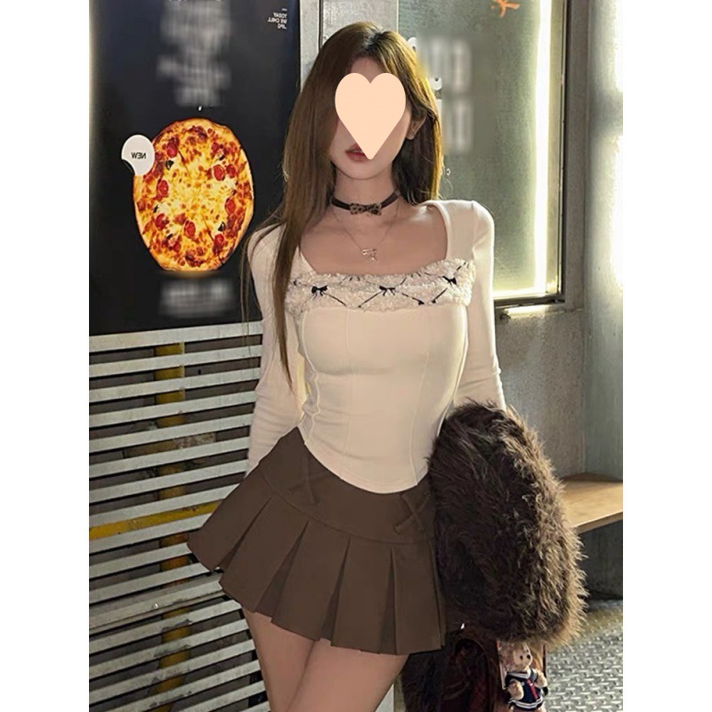 Pure and sweet hot girl long-sleeved shirt design niche short top slim and slim inner knitted base shirt