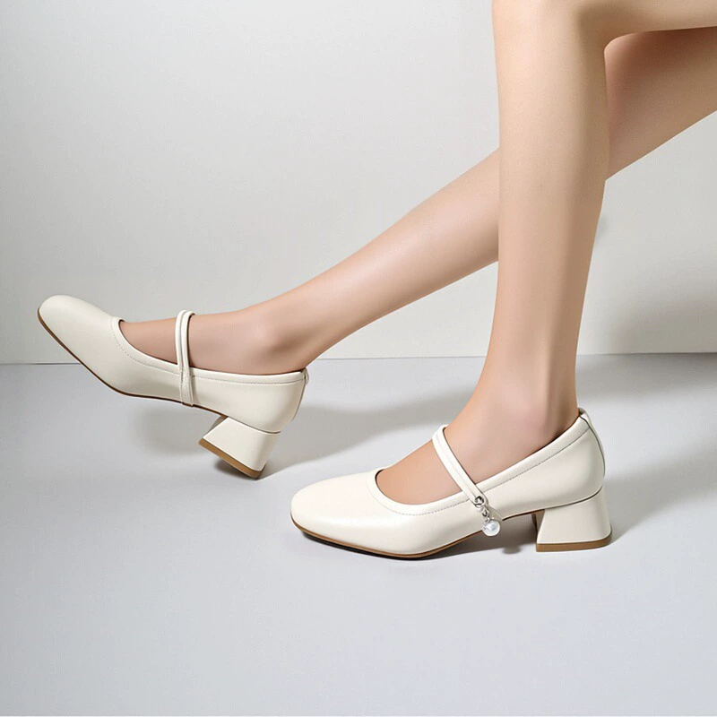 2025 новые весенне-летние однотонные рабочие туфли Мэри Джейн на толстом каблуке с квадратным носком, стильные французские жемчужные универсальные женские туфли