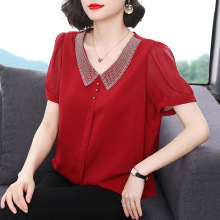 宽松大码雪纺衫夏季娃娃领上衣女夏装2023新款中年妈妈短袖t恤衫