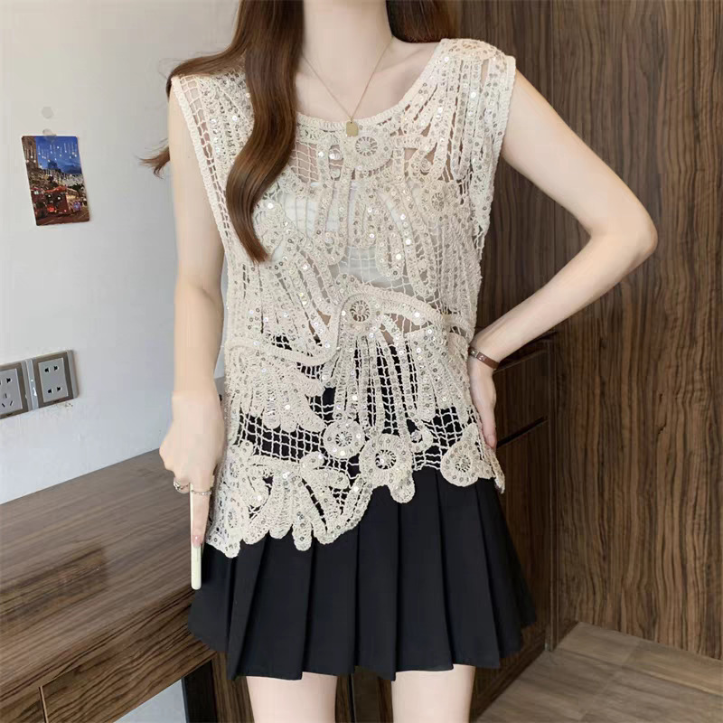 French-Style Retro Sequin Knitted Hollow-Out Crochet Vest for Women, Summer Plus-Size Gentle Style Sleeveless Outerwear
