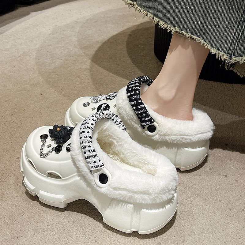 Fleece-Lined Clogs for Winter, Outdoor Wear, Closed-Back, Thick-Soled, Height-Increasing, 2025 New Style, Plush Warm Cotton Slippers for Women, Winter