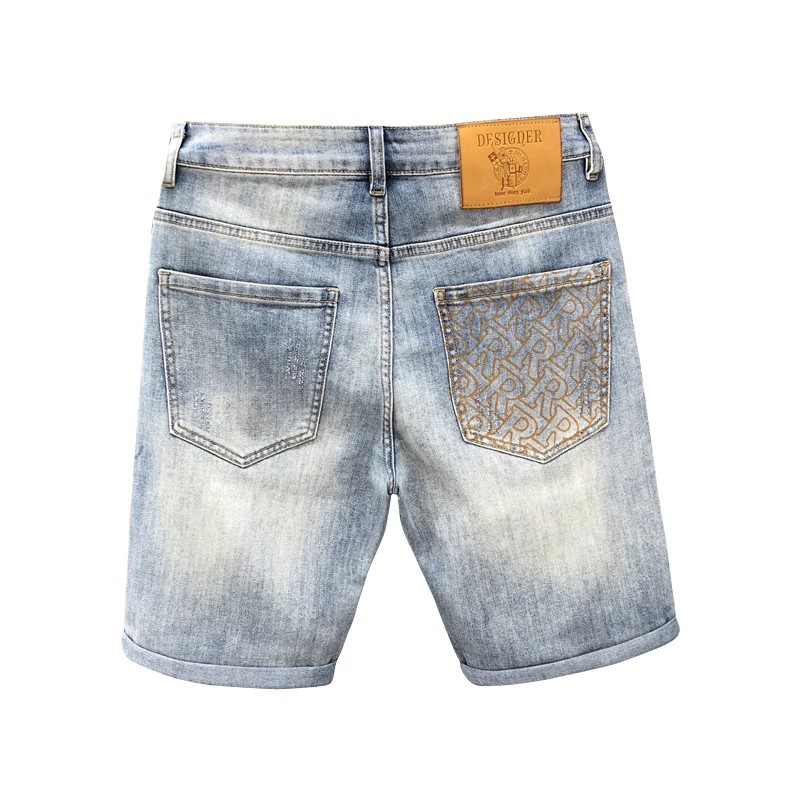 Light Blue Men's Distressed Denim Shorts High Waist Stylish Straight Leg Mid-Length Five Pocket Summer Trendy Clothing_mkmklike.com