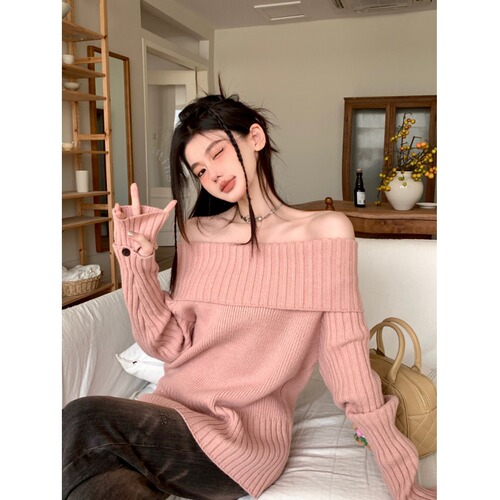 Pink one-shoulder knitted sweater for women in autumn and winter, super nice to wear outside and inside with off-shoulder bottoming shirt top