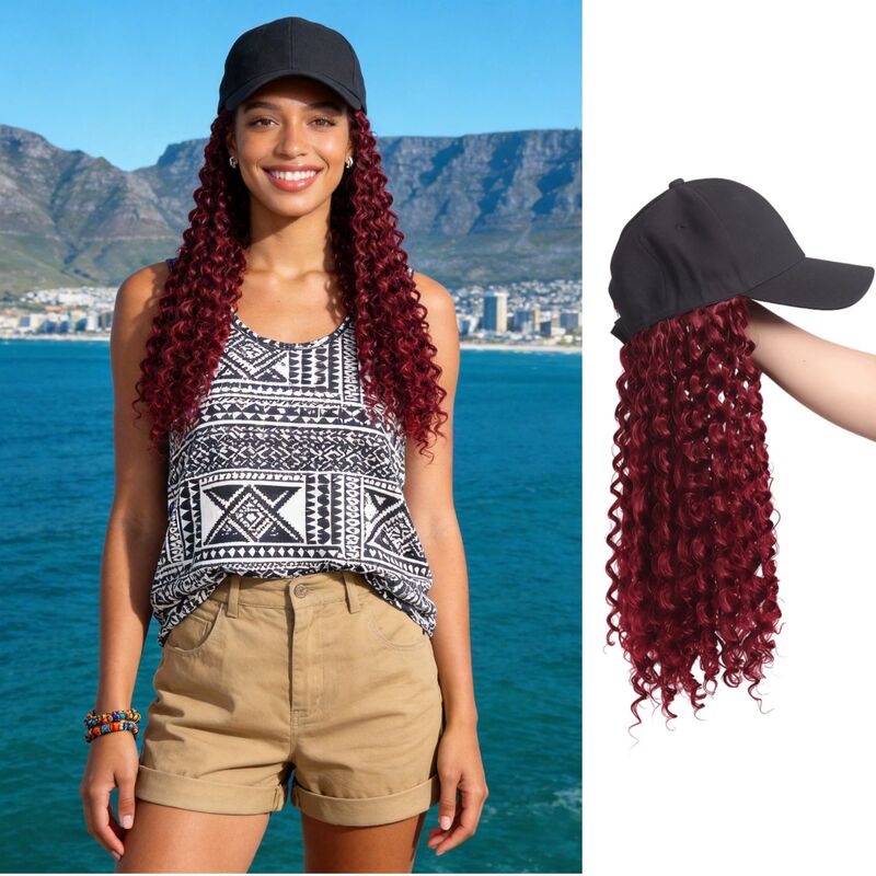 Cross-border hat wig, African long curly hair, all-in-one black baseball cap, wine-red curly wig, realistic hat wig
