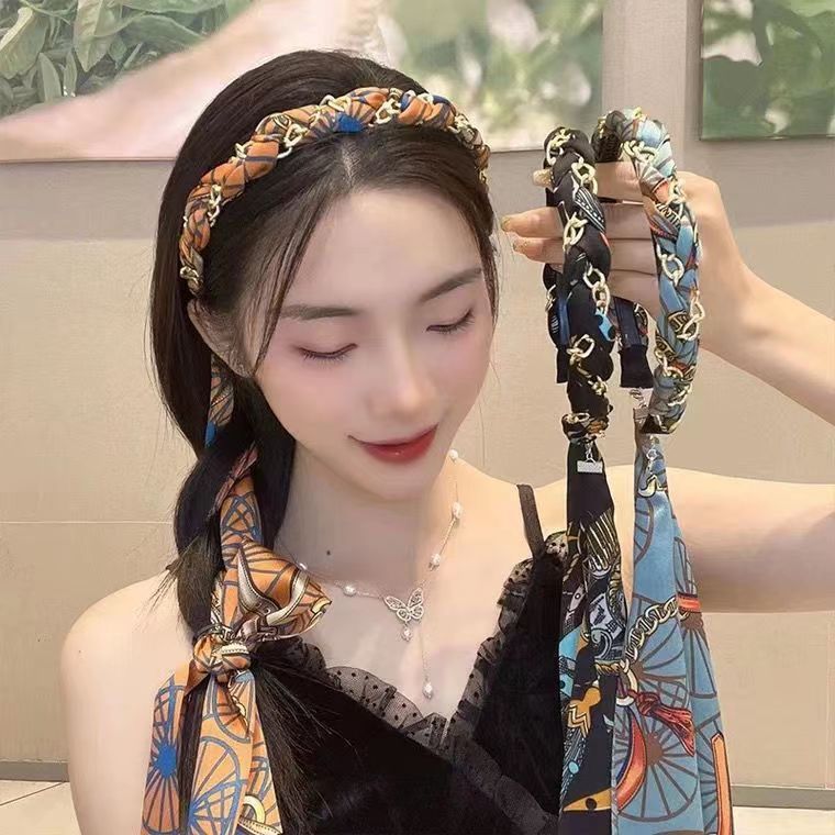 復古鏈條發箍宮廷緞面布藝發箍壓發卡頭箍飄帶綁發一體系編發頭飾