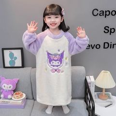 女童法兰绒睡衣秋冬新款卡通库洛米儿童睡袍珊瑚绒宝宝家居服睡裙