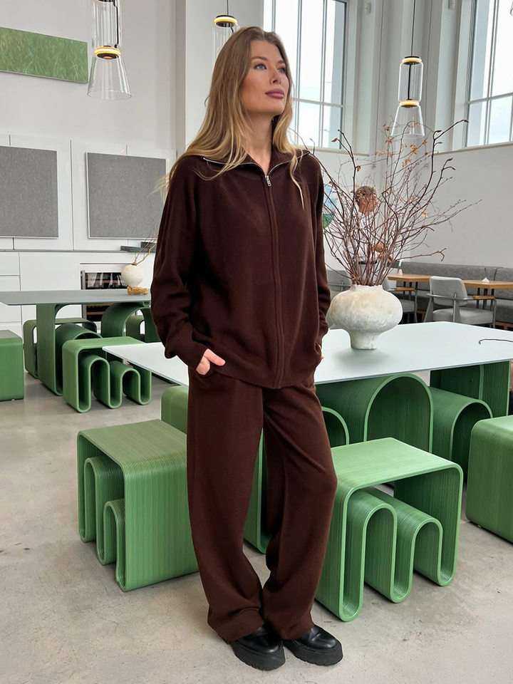 Bộ áo cardigan dệt kim khóa kéo phối quần dài ống rộng nữ — màu bột yến mạch, màu nâu, màu xám, trắng chi tiết 55