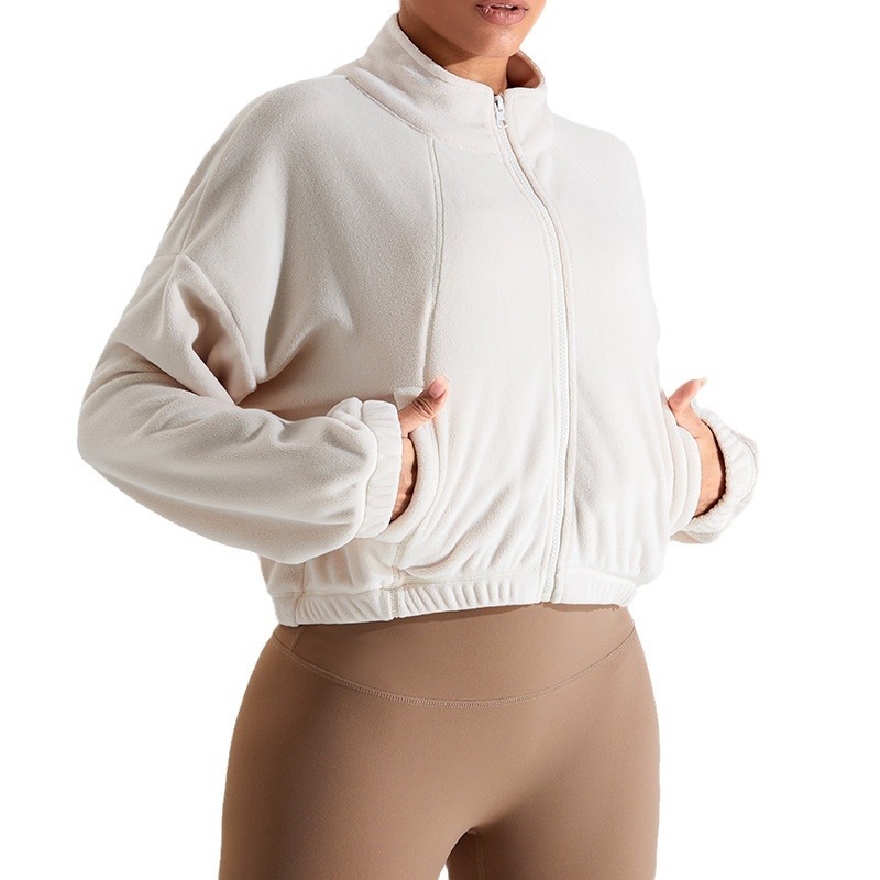 Otoño e Invierno nuevo al aire libre a prueba de viento olímpico chaqueta deportiva de las mujeres collar de soporte de lana suelta forrado caliente yoga chaqueta de fitness