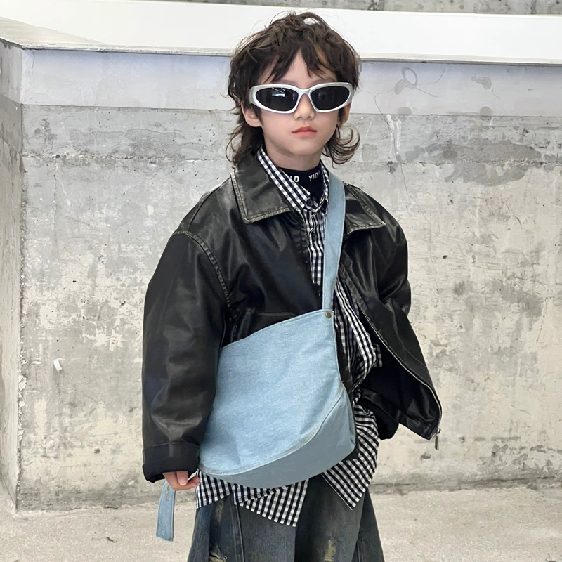 Brand denim shoulder bag for boys, Korean style, South Korea