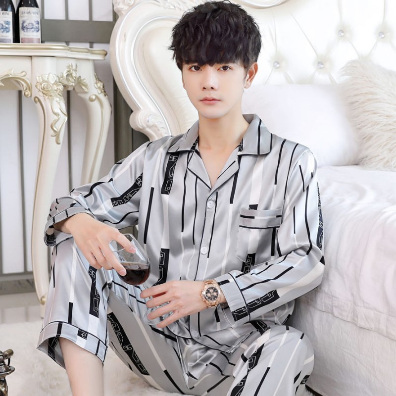 Primavera y otoño manga larga universal solapa delgada casual de los hombres rayas seda artificial inicio cardigan pijamas traje