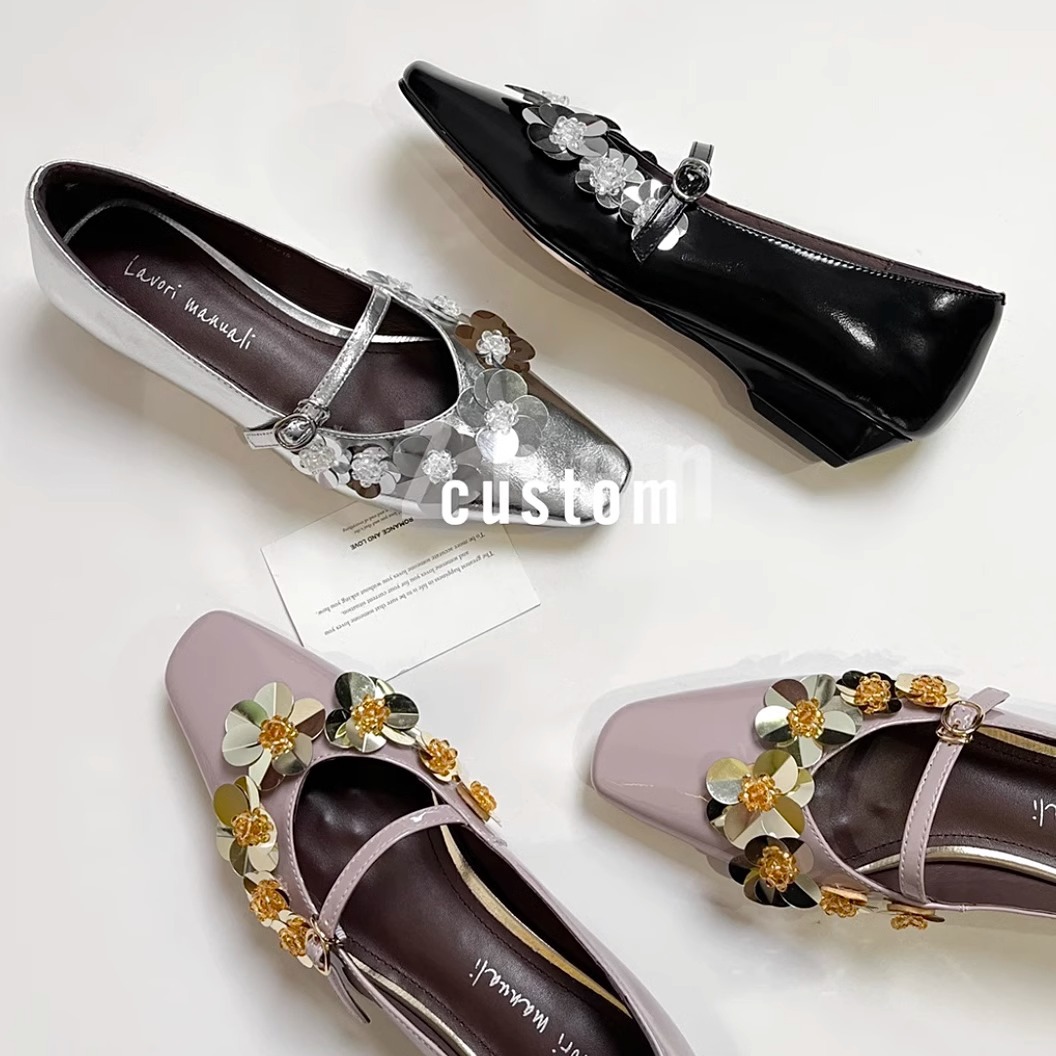 Square-Toe Floral Low-Heel Mules for Women, 2026 Summer New Style, Chunky Heel, Single Strap, Shallow Mary Jane Shoes