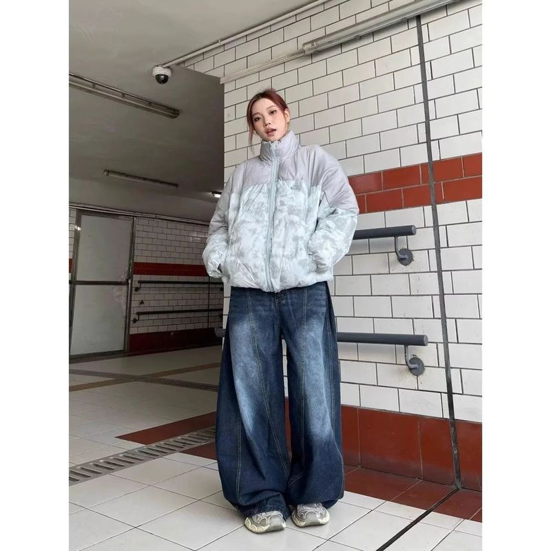 设计感刺绣拼接阔腿牛仔裤女欧美做旧水洗垂坠感直筒宽松弯刀长裤|undefined